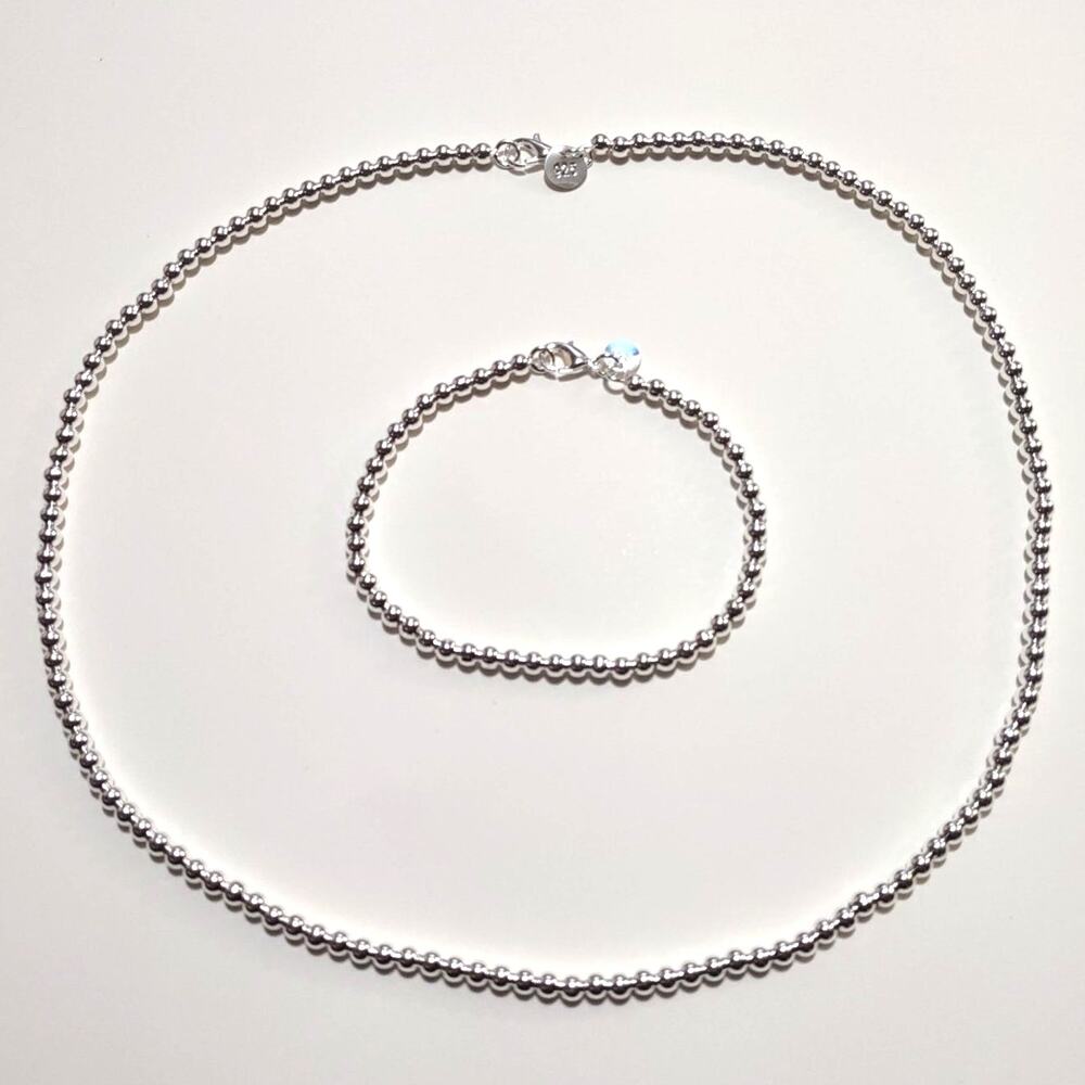 S925 Silver Pearl Necklace Bracelet 4mm Jewelry Set Sterling Christmas Birthday